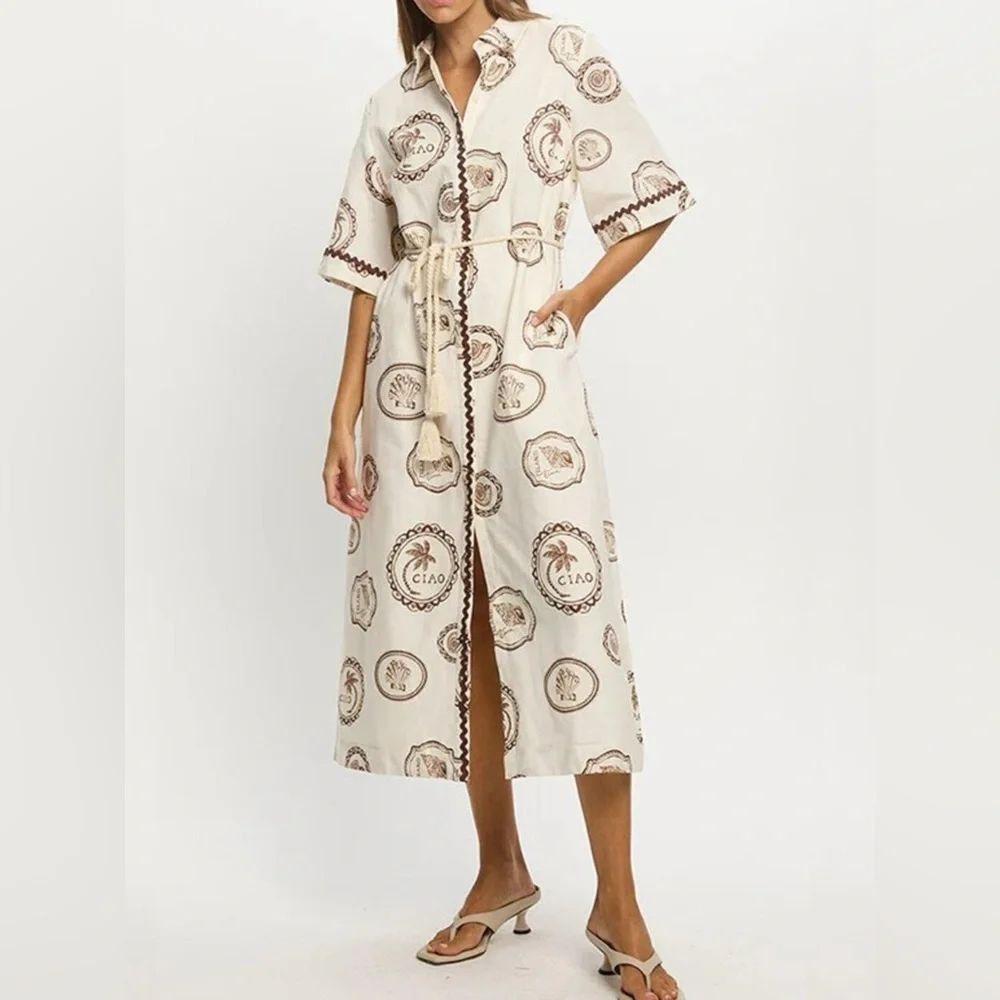NWT Island Postcard Print Button-Down Midi Shirt Dress Belted, Boho Summer S-2XL - Picture 3 of 8